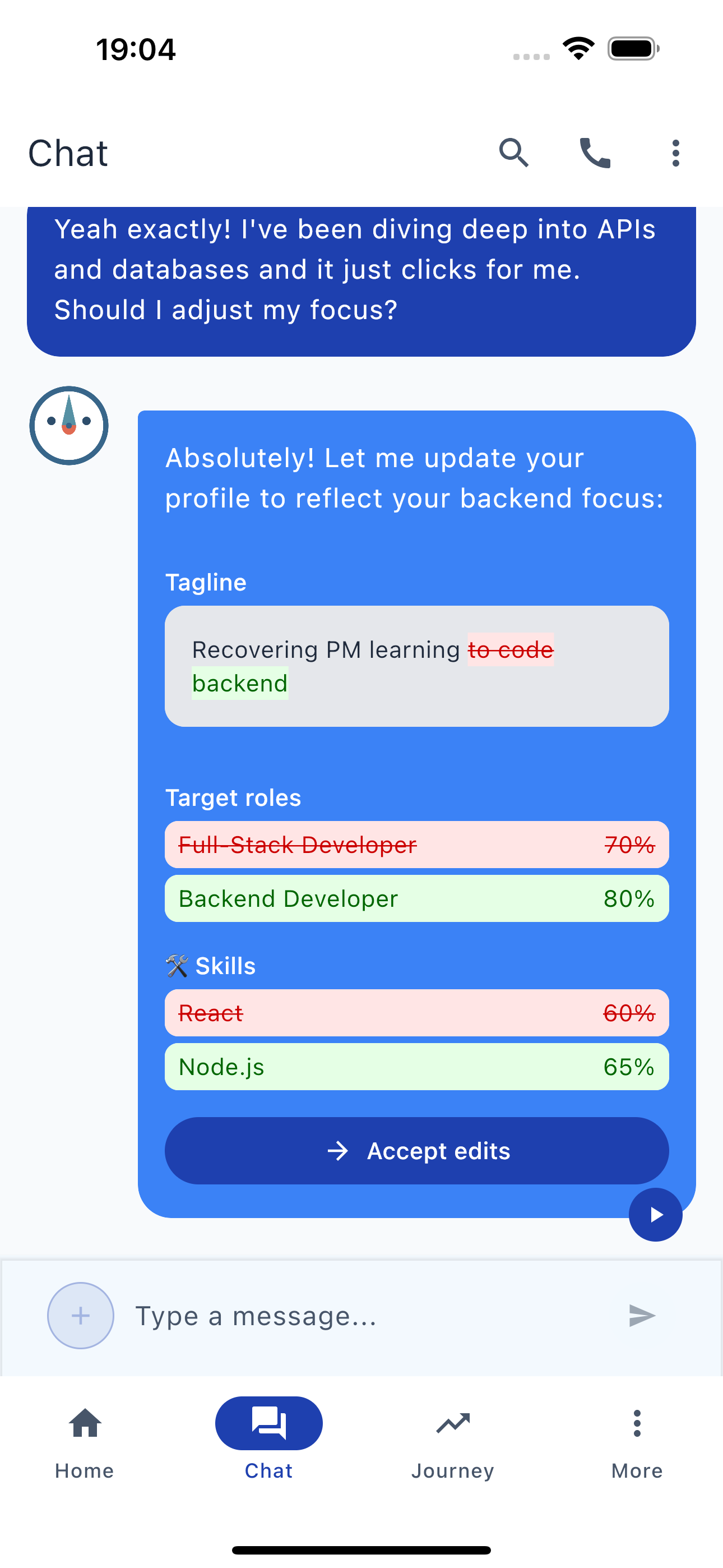 Coach proposing profile updates in chat