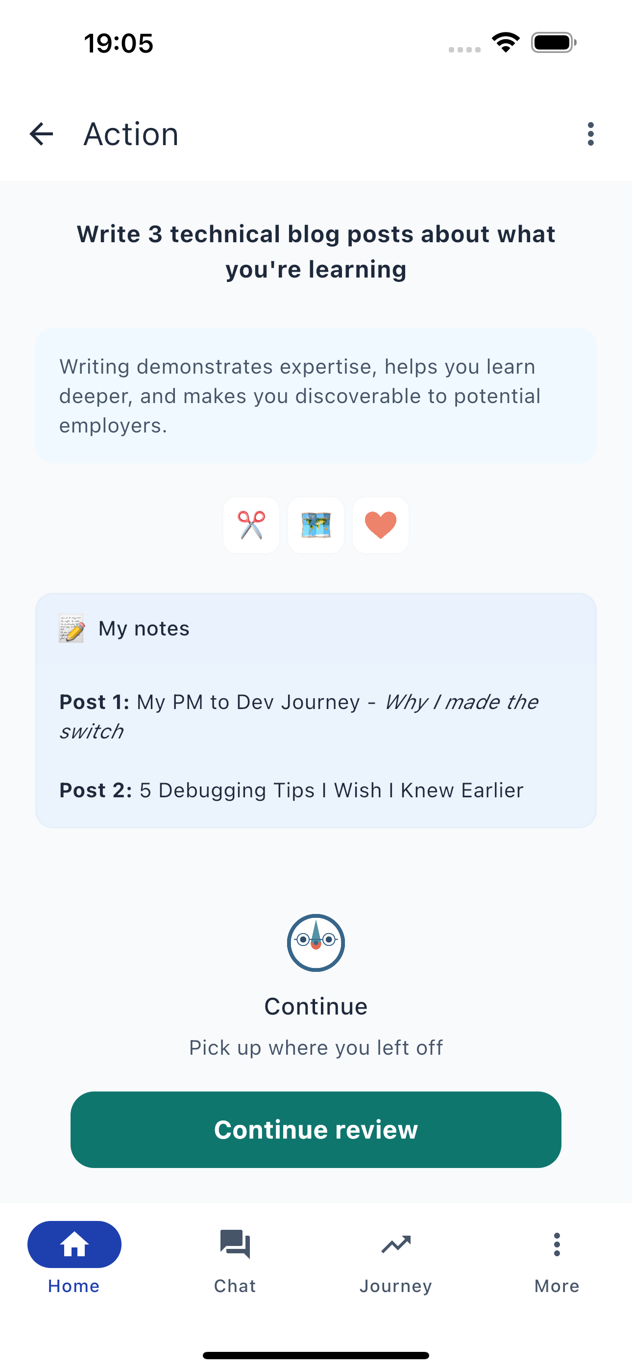 Action screen with task details and coach support